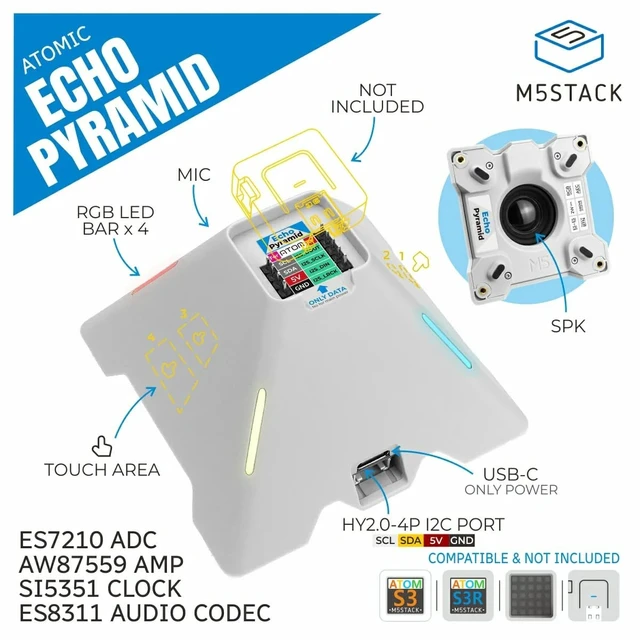 Alt view image 2 of 5 - M5Stack Echo Pyramid Smart Speaker Base for Atom Series