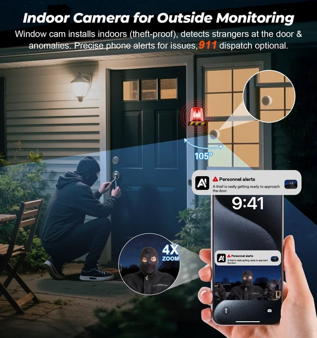 Alt view image 2 of 5 - 4MP 2K Window Security Camera, 5G & 2.4GHz WiFi Indoor Camera Wireless, Blacklight Color Night Vision Monitor Outside Window Cam Mount Glass, 24/7 Recording AI Motion Detection, Quick Magnetic