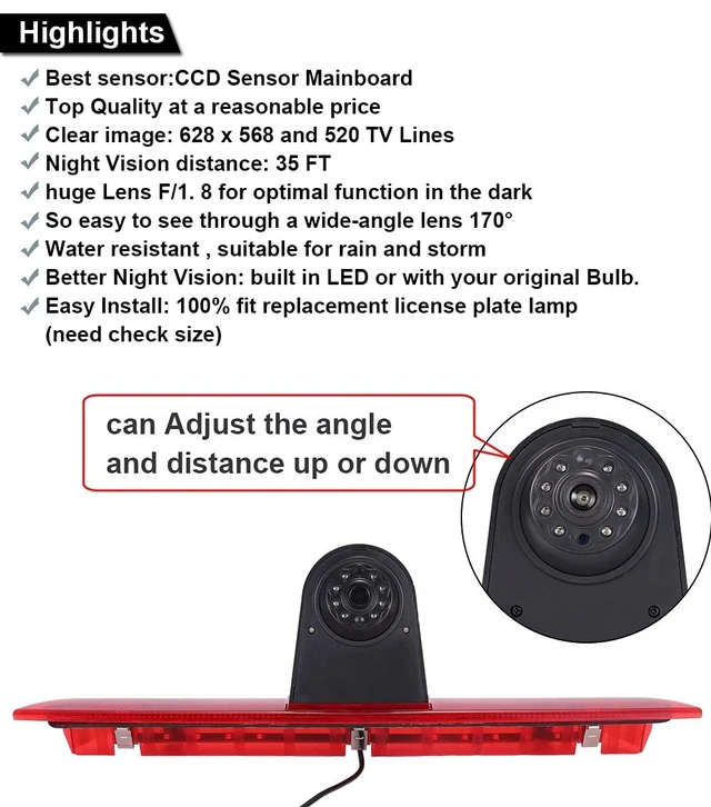 Alt view image 4 of 5 - Car Third Roof Top Mount Brake Light 3 Rear View Camera, HD Night Vision Waterproof for Ford Transit tourneo Custom Jumbo Kasten V363 F150 F250 F350 V636 MK8 2012-2020 (with 4.3-inch Monitor)