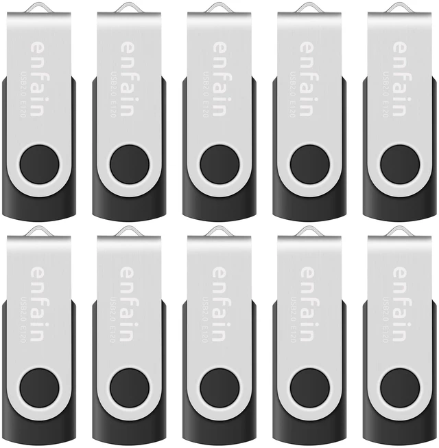 Main image of Enfain 32GB USB 2.0 Flash Drive 10-Pack - Swivel Design, Reliable Data Storage for Home, Office, School - Bulk USB Memory Sticks Compatible with PC, Laptop, Mac (Black)