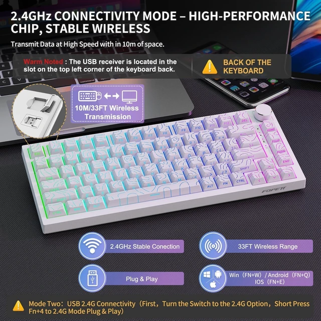 Alt view image 3 of 5 - Wireless Mechanical Keyboard, Bluetooth/2.4GHz/USB-C 3 in 1 Modes Connection with RGB Backlit, Side Printed PBT Keycaps, 75% Hot Swappable Custom Keyboard with Knob Mechanical Gaming Keyboards