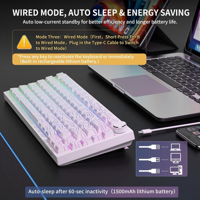 Alt view image 4 of 5 - Wireless Mechanical Keyboard, Bluetooth/2.4GHz/USB-C 3 in 1 Modes Connection with RGB Backlit, Side Printed PBT Keycaps, 75% Hot Swappable Custom Keyboard with Knob Mechanical Gaming Keyboards