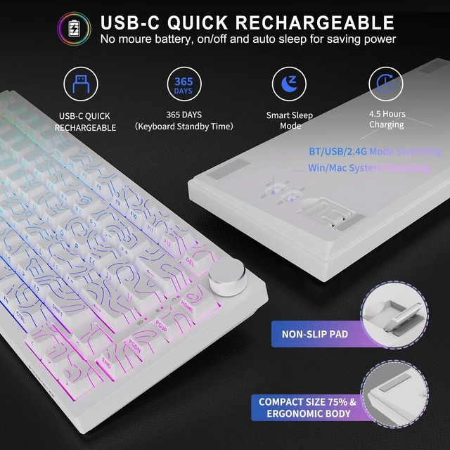 Alt view image 5 of 5 - Wireless Mechanical Keyboard, Bluetooth/2.4GHz/USB-C 3 in 1 Modes Connection with RGB Backlit, Side Printed PBT Keycaps, 75% Hot Swappable Custom Keyboard with Knob Mechanical Gaming Keyboards