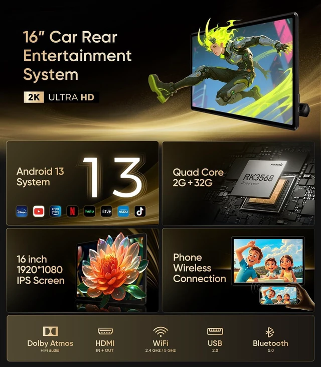 Alt view image 2 of 5 - 16" Car TV Headrest Monitor for Cars Back seat Universal Rear Entertainment System, Support Phone Wireless Mirror Link Touch Screen 4K,with WiFi/Bluetooth/HDMI/USB/Video Player (2G+32G(1*PC))