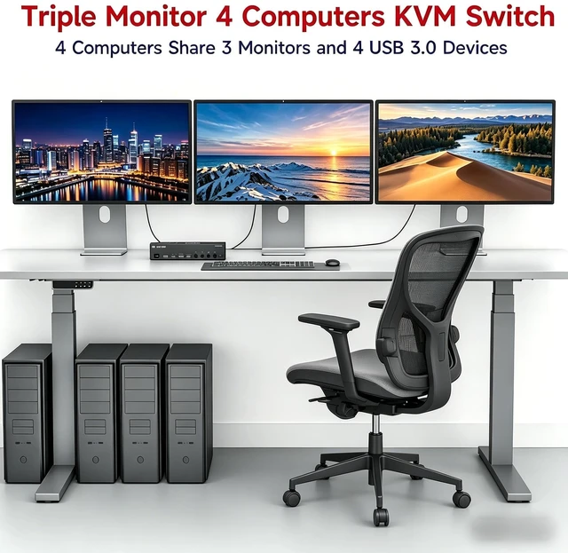 Alt view image 3 of 5 - KVM Switch 3 Monitors 4 Computers 8K@60Hz/4K@144Hz,3 Monitor KVM Switch for 4 Computers Share 3 Screens and 4 USB 3.0 Ports,Wired Remote and 4 USB Cables Included