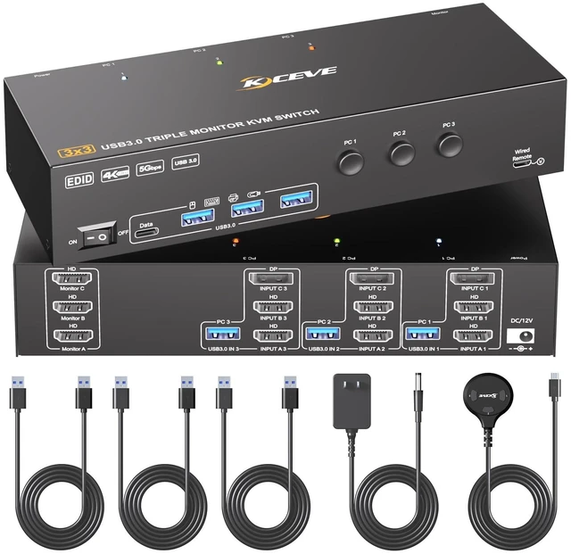 Main image of KVM Switch 3 Monitors 3 Computers EDID Simulation 4K@60Hz,HDMI Displayport Triple Monitor KVM Switch,3 Monitor KVM with 4 USB 3.0 Ports for Keyboard Mouse, Wired Remote and 3 USB3.0 Cables Included