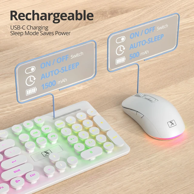 Alt view image 4 of 5 - Vumilstek Backlit Wireless Keyboard and Mouse, 2.4GHz Light Up Typewriter Rechargeable Cordless Quiet Keyboard with USB Receiver for PC/Laptop (White)