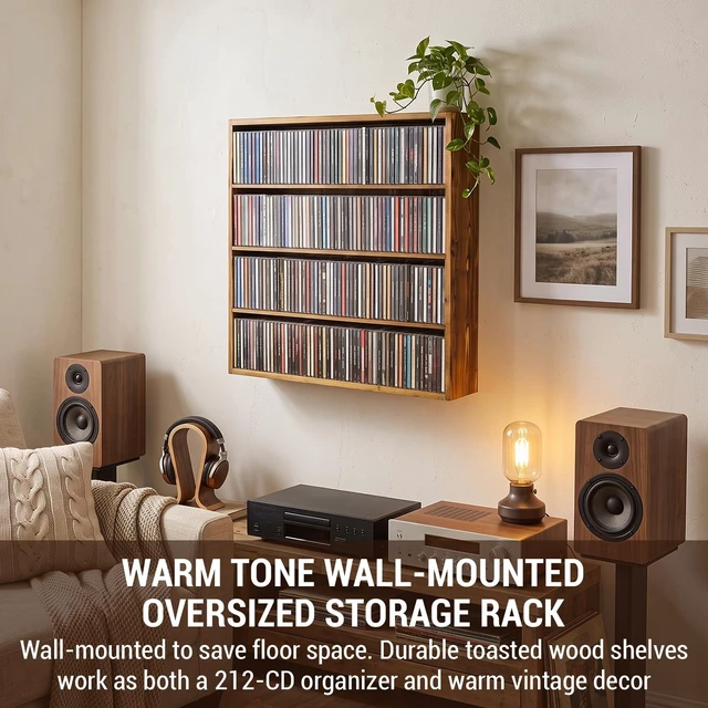 Alt view image 3 of 5 - MyGift Wall Mounted CD Storage Cabinet 4-Tier Solid Wood Media Organizer Holds 212 CDs, Rustic Toasted Brown Display Rack for Living Room, Office and Home Decor