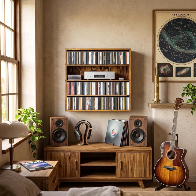 Alt view image 4 of 5 - MyGift Wall Mounted CD Storage Cabinet 4-Tier Solid Wood Media Organizer Holds 212 CDs, Rustic Toasted Brown Display Rack for Living Room, Office and Home Decor
