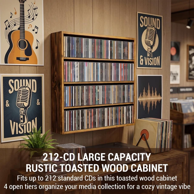 Alt view image 2 of 5 - MyGift Wall Mounted CD Storage Cabinet 4-Tier Solid Wood Media Organizer Holds 212 CDs, Rustic Toasted Brown Display Rack for Living Room, Office and Home Decor
