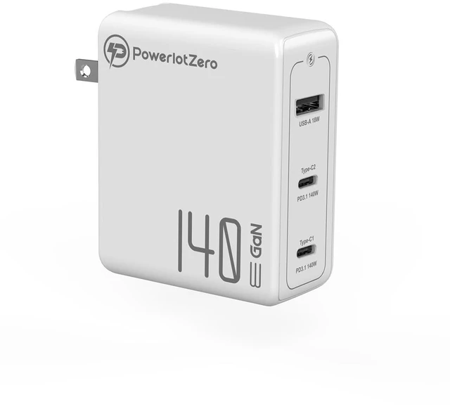 Main image of PowerlotZero 140W GaN PD3.1 Wall Charger - 3-Port Compact Fast Charger for MacBook Pro 16", Dell XPS, iPhone 16/15 Series, iPad Pro, Galaxy S24 ^^ USB-C & USB-A Multi-Device Charging Station
