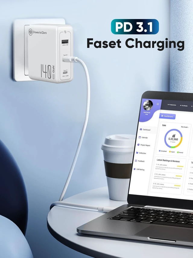 Alt view image 2 of 5 - PowerlotZero 140W GaN PD3.1 Wall Charger - 3-Port Compact Fast Charger for MacBook Pro 16", Dell XPS, iPhone 16/15 Series, iPad Pro, Galaxy S24 ^^ USB-C & USB-A Multi-Device Charging Station