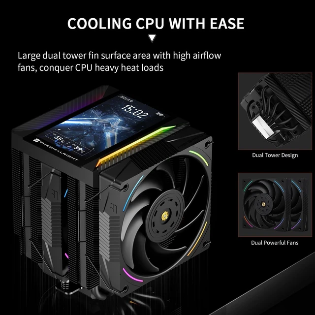 Alt view image 2 of 5 - Thermalright TR Peerless Assassin 120 Vision MAX ARGB Black CPU Air Cooler, Twin Tower Radiator 2150RPM,480x854 Resolving Power IPS Screen with 5,Computer Cooler for Intel lga1851/1700/