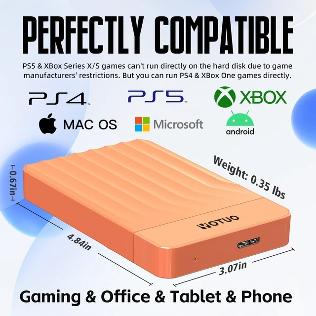 Alt view image 3 of 5 - YOTUO 320GB External Hard Drive, Portable Storage Expansion HDD, USB 3.0 & USB-C for PC, Mac, Desktop, Laptop, Smartphone, PS4, Xbox One, Xbox 360, Office & Game, Orange