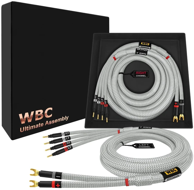 Main image of WORLDS BEST CABLES 3 Foot Ultimate - 7 AWG - Ultra-Pure OFC Extra Premium Audiophile HiFi Bi-Wire Speaker Cable Pair with Eminence Gold Spade (x2) & Banana (x4) Plugs & Silver Tweed Jacket