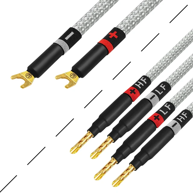 Alt view image 5 of 5 - WORLDS BEST CABLES 3 Foot Ultimate - 7 AWG - Ultra-Pure OFC Extra Premium Audiophile HiFi Bi-Wire Speaker Cable Pair with Eminence Gold Spade (x2) & Banana (x4) Plugs & Silver Tweed Jacket