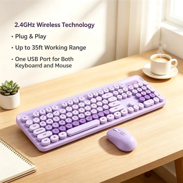 Alt view image 2 of 5 - EBTOOLS Wireless Keyboard and Mouse Combo, 2.4GHz Plug and Play with Retro Round Keycaps and Quiet Clicks, Numeric Keypad and Multimedia Hotkeys, Compatible with PC Laptop Desktop (Purple)