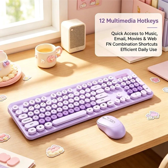 Alt view image 3 of 5 - EBTOOLS Wireless Keyboard and Mouse Combo, 2.4GHz Plug and Play with Retro Round Keycaps and Quiet Clicks, Numeric Keypad and Multimedia Hotkeys, Compatible with PC Laptop Desktop (Purple)