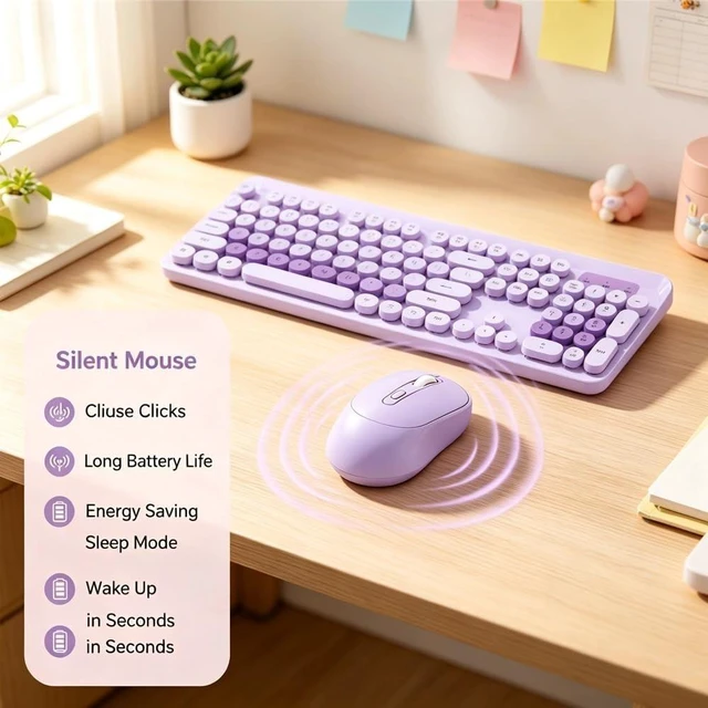 Alt view image 5 of 5 - EBTOOLS Wireless Keyboard and Mouse Combo, 2.4GHz Plug and Play with Retro Round Keycaps and Quiet Clicks, Numeric Keypad and Multimedia Hotkeys, Compatible with PC Laptop Desktop (Purple)