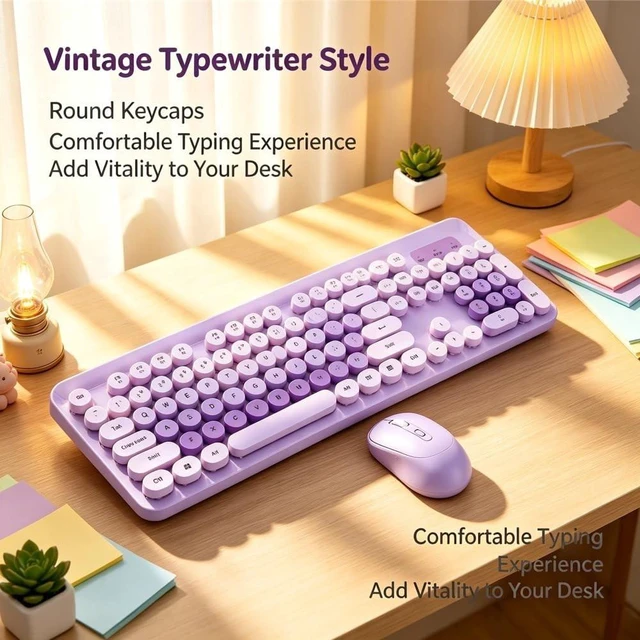 Alt view image 4 of 5 - EBTOOLS Wireless Keyboard and Mouse Combo, 2.4GHz Plug and Play with Retro Round Keycaps and Quiet Clicks, Numeric Keypad and Multimedia Hotkeys, Compatible with PC Laptop Desktop (Purple)
