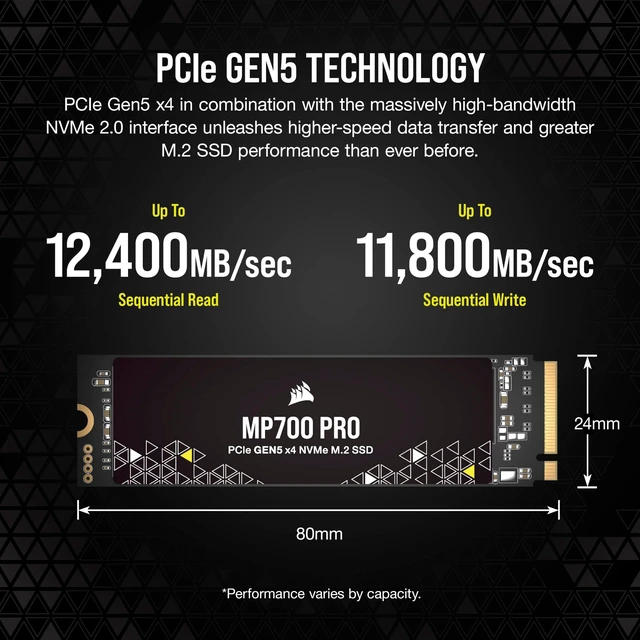 Alt view image 3 of 5 - Corsair MP700 PRO 2TB M.2 PCIe Gen5 x4 NVMe 2.0 SSD M.2 2280 Up to 12,400MB/sec Sequential Read High-Density TLC NAND Black