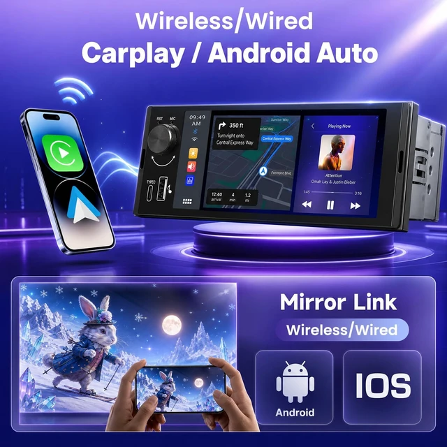 Alt view image 2 of 5 - Driauto 6.5 Inch Single DIN Touch Screen Car Radio with Bluetooth 5.2, Incell Screen Wireless Carplay and Android Auto Car Stereo, Mirror Link FM EQ Steering Wheel Control USB+ Backup Camera