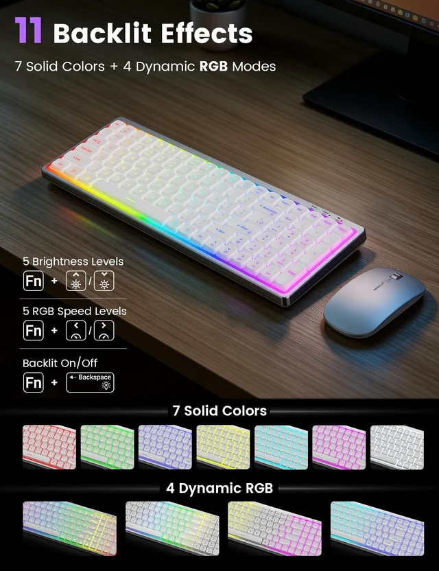 Alt view image 2 of 5 - Wireless Keyboard and Mouse Combo with 11 Backlit Effects, RGB, 3-Device