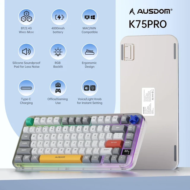 Alt view image 2 of 5 - AUSDOM K75pro Wireless Gaming Creamy Keyboard, Tri-Mode BT/2.4G/USB-C Computer Keyboard, RGB Backlit Media Knob Creamy Keyboard (Mixed Color)