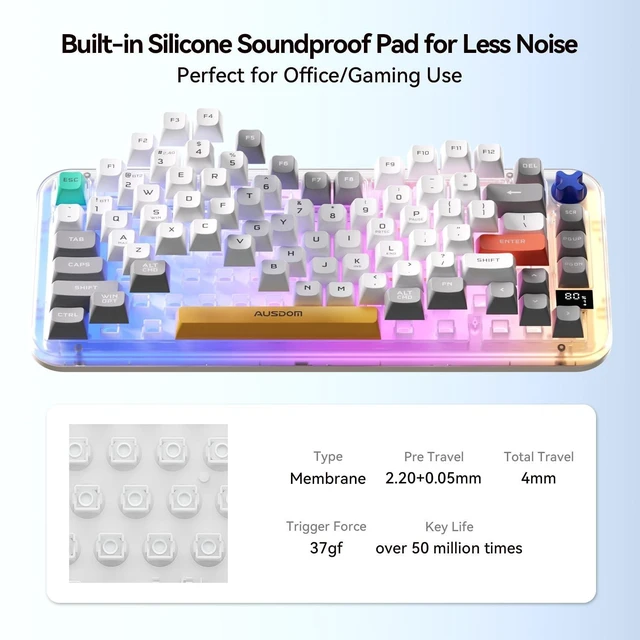 Alt view image 3 of 5 - AUSDOM K75pro Wireless Gaming Creamy Keyboard, Tri-Mode BT/2.4G/USB-C Computer Keyboard, RGB Backlit Media Knob Creamy Keyboard (Mixed Color)
