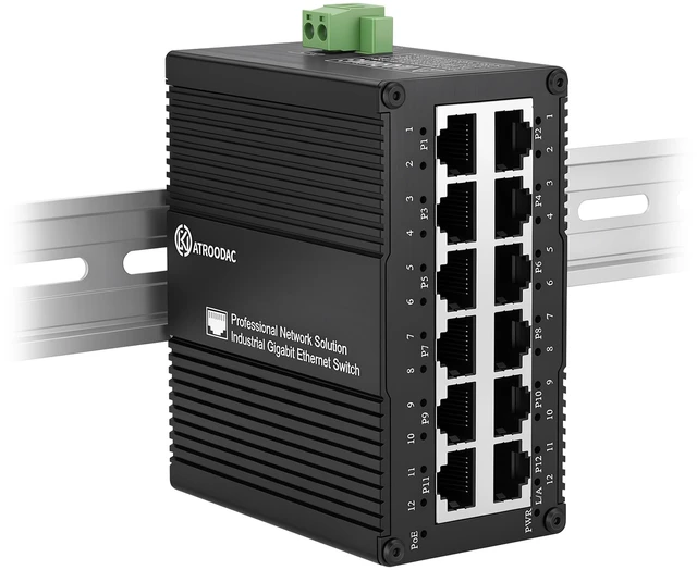 Main image of ATROODAC Industrial 12 Port Gigabit PoE Switch, DC 12-48V to 48V PoE Boost