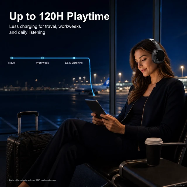 Alt view image 5 of 5 - Wireless Noise Cancelling Headphones, 120H Playtime, Over Ear Headphones