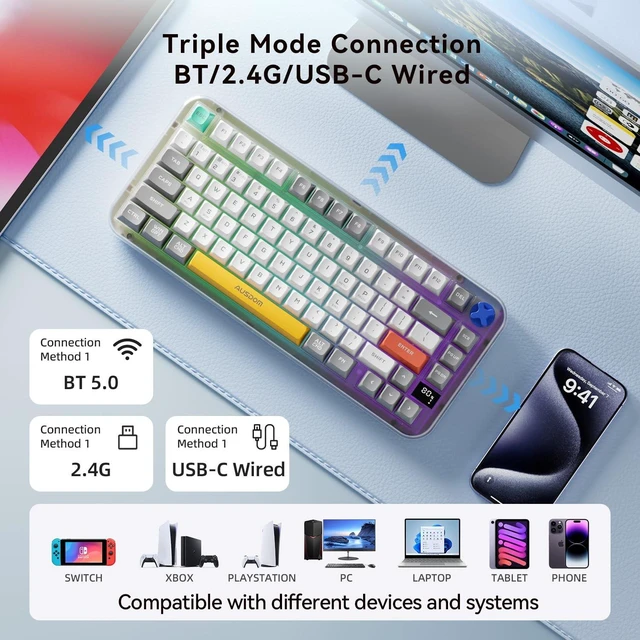 Alt view image 5 of 5 - AUSDOM K75pro Wireless Gaming Creamy Keyboard, Tri-Mode BT/2.4G/USB-C Computer Keyboard, RGB Backlit Media Knob Creamy Keyboard (Mixed Color)