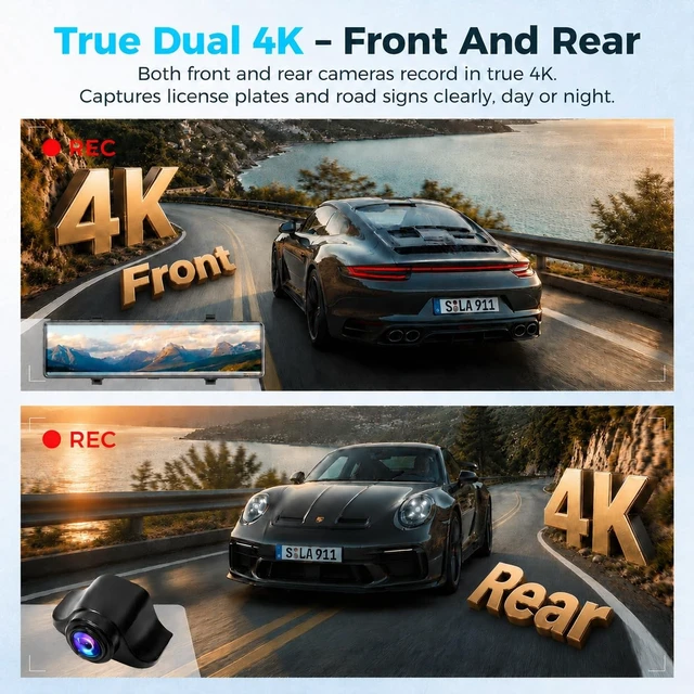Alt view image 2 of 5 - 12 Inch Mirror Dash Cam, 4K Front 4K Rear Voice Control with WiFi and GPS