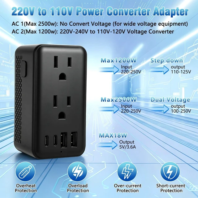 Alt view image 4 of 5 - 2000W Voltage Converter US to Europe,220V to 110V Converter for Hair Dryer