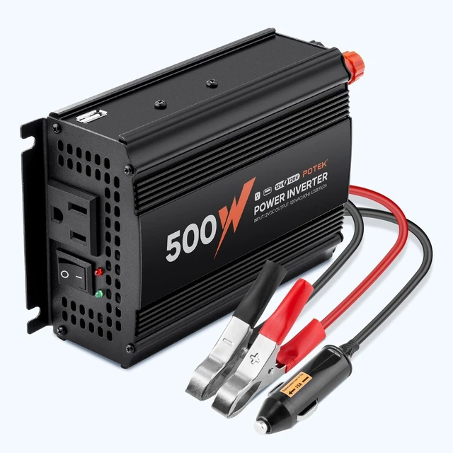 Main image of POTEK 500W Modified Sine Wave Power Inverter, 12V DC to 120V AC Car Converter with 1000W Peak, 2 AC Outlets, USB-A Port, Battery Clamps and Car Plug