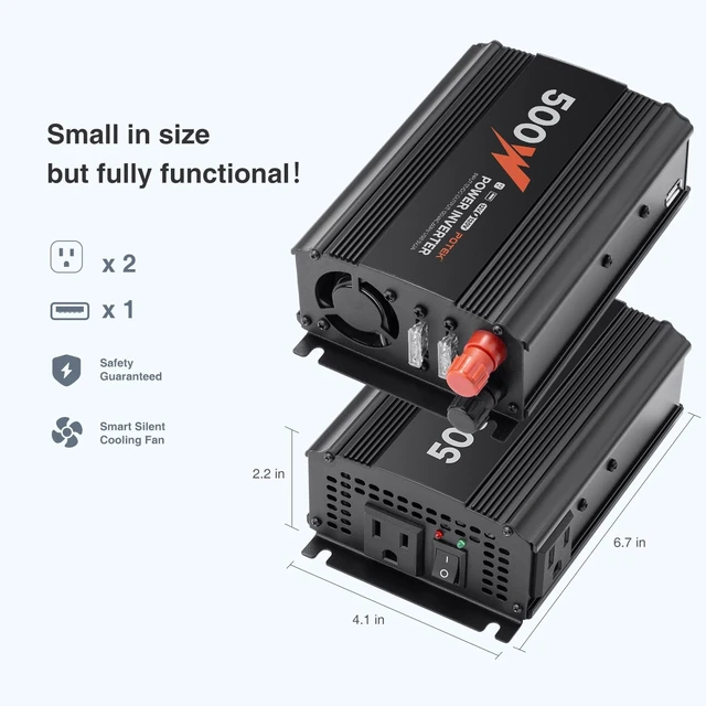 Alt view image 2 of 5 - POTEK 500W Modified Sine Wave Power Inverter, 12V DC to 120V AC Car Converter with 1000W Peak, 2 AC Outlets, USB-A Port, Battery Clamps and Car Plug