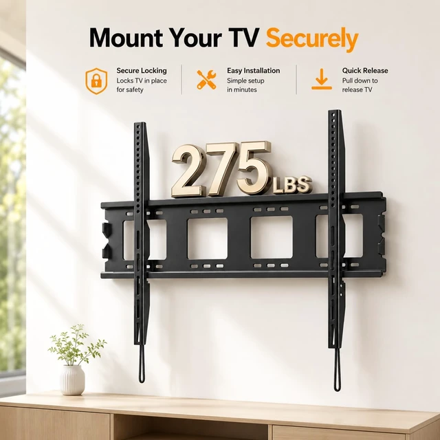 Alt view image 3 of 5 - QAQMILI Heavy Duty Fixed TV Wall Mount for Most 50-120 Inch Screens, Low Profile TV Mount Bracket with Quick Release Lock, Ultra Slim Wall Mount, VESA 200x200-900x600mm, Holds 125kg/275 lbs, Large TVs