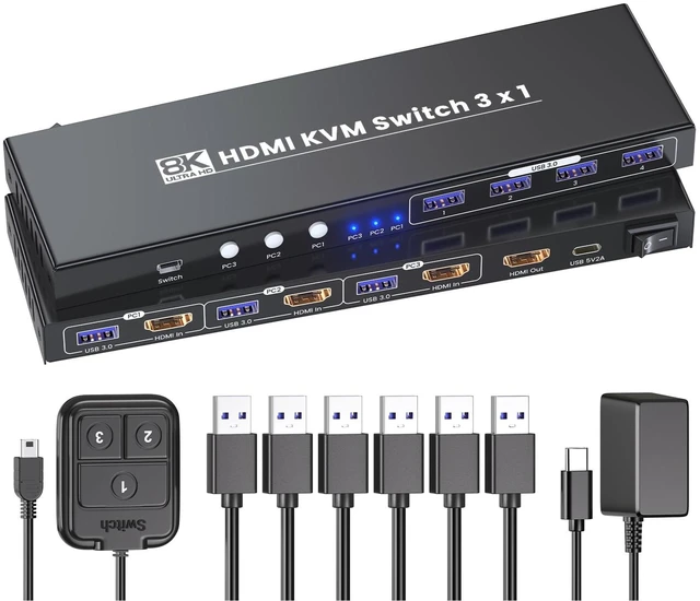 Main image of 8K60Hz 4K120Hz KVM Switch 1 Monitor 3 Computers, 3 Port HDMI KVM Switch for 3 PCs Sharing 1 Monitor, Keyboard and Mouse, Built-in 4-Port USB 3.0 Hub with Dual Switching Methods