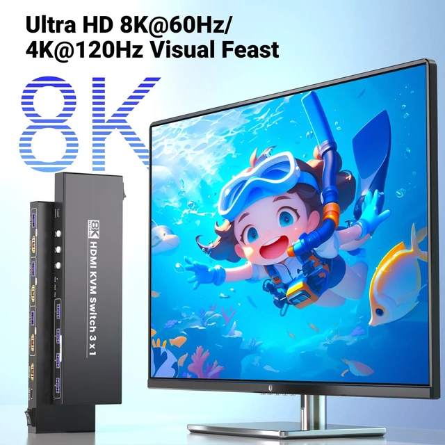 Alt view image 3 of 5 - 8K60Hz 4K120Hz KVM Switch 1 Monitor 3 Computers, 3 Port HDMI KVM Switch for 3 PCs Sharing 1 Monitor, Keyboard and Mouse, Built-in 4-Port USB 3.0 Hub with Dual Switching Methods