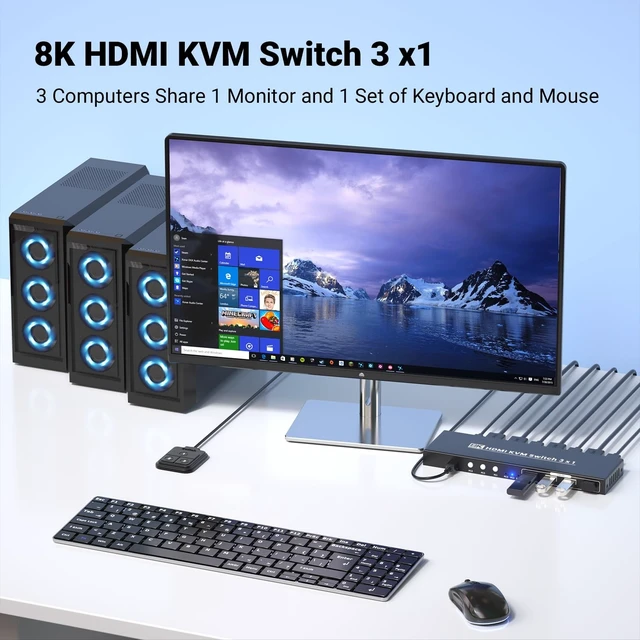 Alt view image 2 of 5 - 8K60Hz 4K120Hz KVM Switch 1 Monitor 3 Computers, 3 Port HDMI KVM Switch for 3 PCs Sharing 1 Monitor, Keyboard and Mouse, Built-in 4-Port USB 3.0 Hub with Dual Switching Methods