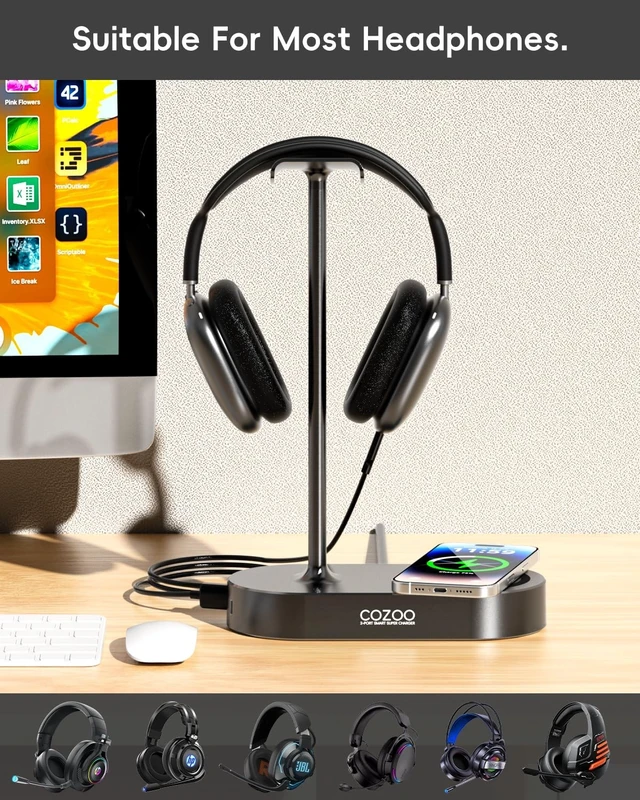 Alt view image 4 of 5 - cozoo 15W Wireless Charging Headphone Stand with USB & Type-C Ports, Desktop Gaming Headset Holder, Cool Gaming Accessories & Tech Gifts for Men Teen Boys,Gamer Gifts, for Boyfriend and Teens