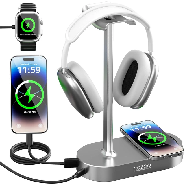 Main image of cozoo 15W Wireless Charging Headphone Stand with USB & Type-C Ports, Desktop Gaming Headset Holder, Cool Gaming Accessories & Tech Gifts for Men Teen Boys,Gamer Gifts, for Boyfriend and Teens