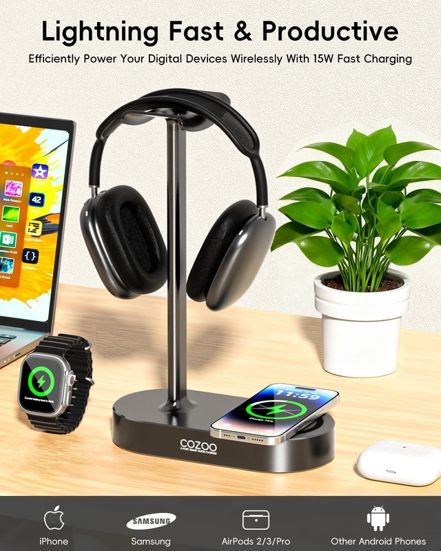 Alt view image 3 of 5 - cozoo 15W Wireless Charging Headphone Stand with USB & Type-C Ports, Desktop Gaming Headset Holder, Cool Gaming Accessories & Tech Gifts for Men Teen Boys,Gamer Gifts, for Boyfriend and Teens