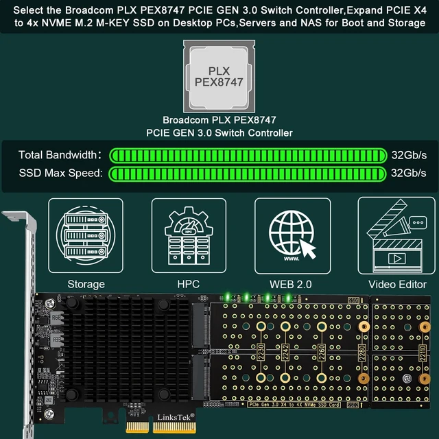 Alt view image 2 of 5 - PCIE-PEX8747M4 PCIE 3.0 x4 Interface to 4-Port NVME M.2 SSD Expansion Card for Desktop PCs, Broadcom PLX PEX8747 PCIE Gen 3.0 Switch, 32Gb/s Bandwidth, On-Card PCIE Bifurcation, for Storage & Boot