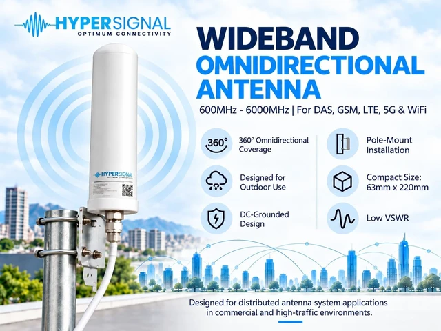 Alt view image 5 of 5 - HyperSignal Omnidirectional Antenna, Wideband 600MHz - 6000MHz, Weatherproof, Pole-Mounted, DC-Grounded Lightning Protection, 63mm x 220mm, for DAS, GSM, LTE, 5G, WiFi Applications