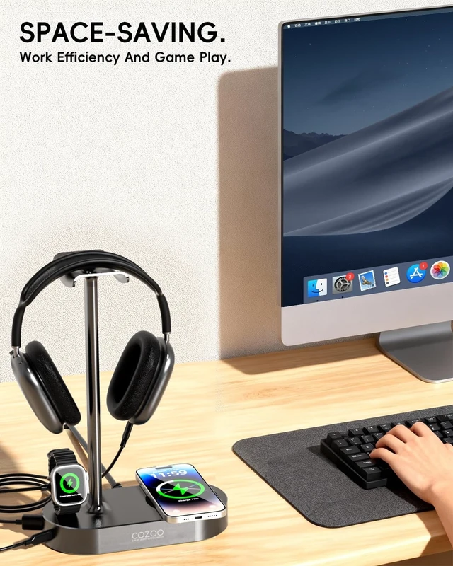 Alt view image 5 of 5 - cozoo 15W Wireless Charging Headphone Stand with USB & Type-C Ports, Desktop Gaming Headset Holder, Cool Gaming Accessories & Tech Gifts for Men Teen Boys,Gamer Gifts, for Boyfriend and Teens