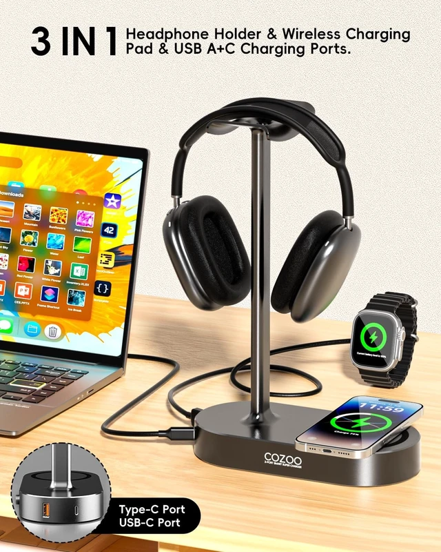Alt view image 2 of 5 - cozoo 15W Wireless Charging Headphone Stand with USB & Type-C Ports, Desktop Gaming Headset Holder, Cool Gaming Accessories & Tech Gifts for Men Teen Boys,Gamer Gifts, for Boyfriend and Teens