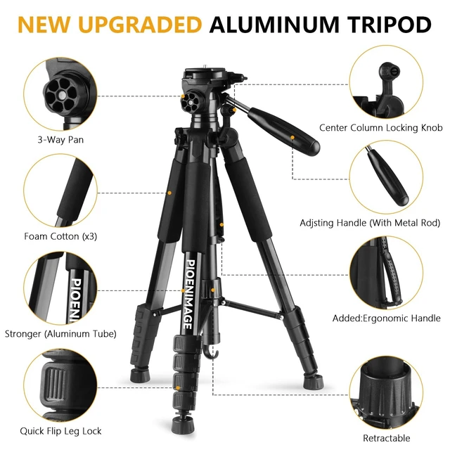 Alt view image 2 of 5 - PIOENIMAGE 74" Camera Tripod, Expandable Camera Tripod Stand for Camera and Phone, Spotting Scope Tripod, Camera Stand for Photography, Video Recording, Compatible with DSLR, iPhone, Spotting Scopes