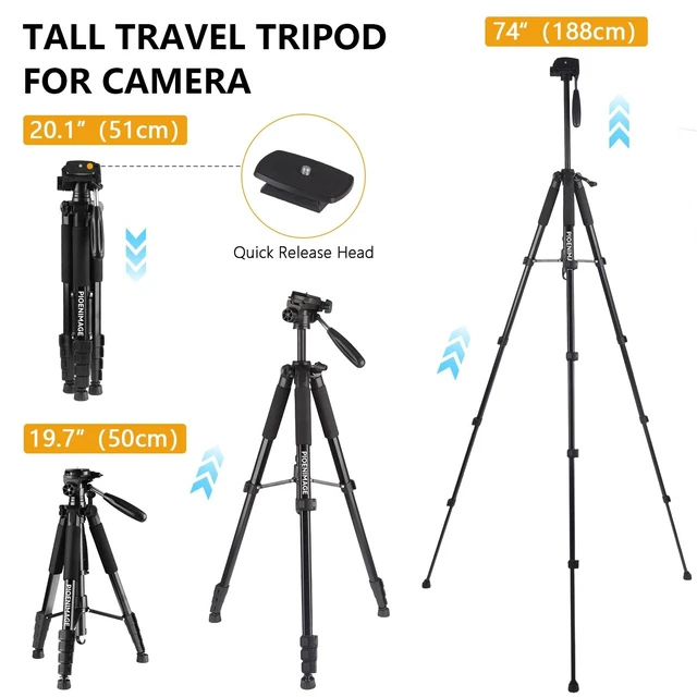 Alt view image 3 of 5 - PIOENIMAGE 74" Camera Tripod, Expandable Camera Tripod Stand for Camera and Phone, Spotting Scope Tripod, Camera Stand for Photography, Video Recording, Compatible with DSLR, iPhone, Spotting Scopes