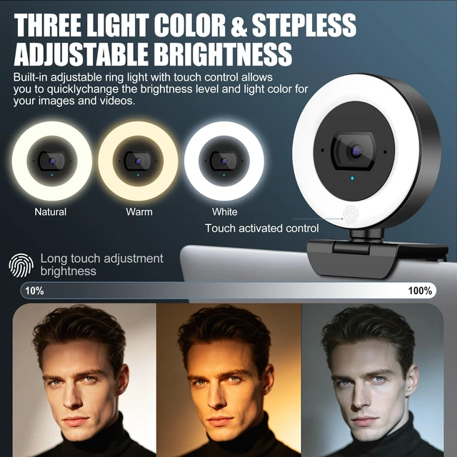 Alt view image 3 of 5 - 4K Webcam with Ring Light, PDAF Autofocus Web Camera for Desktop Computer